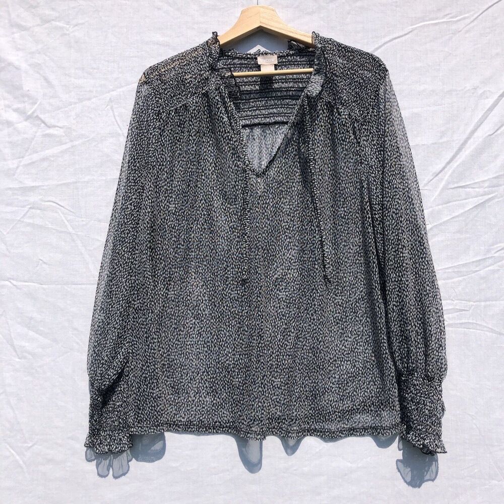 Black White Grey Semi Sheer Top Chico's Size 3 XL Elastic Smocked